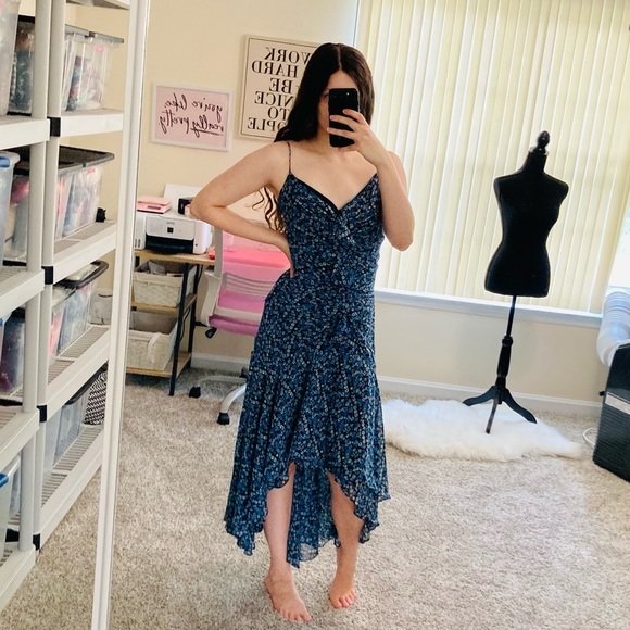 Vintage Dresses & Skirts - Vintage Cartise Dress Maxi Blue Black Floral Ruffled High Low Long Summer Small